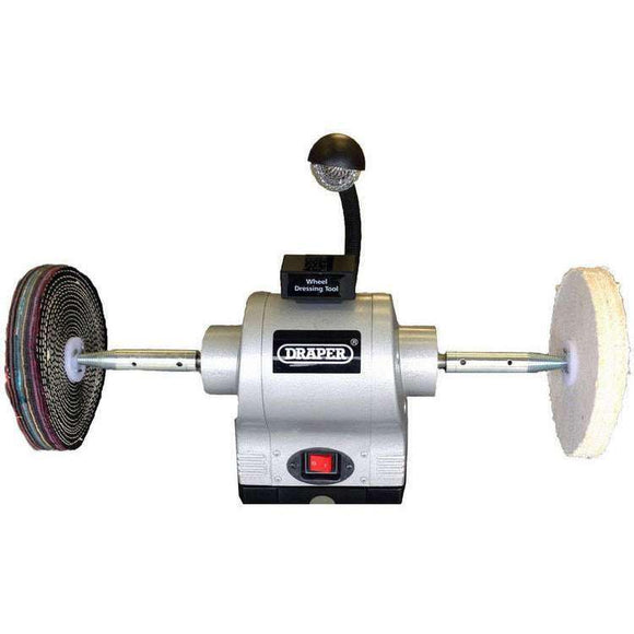 Draper Bench Grinder with silver metal body, black details, work light, and dual polishing wheels