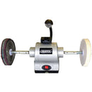 Draper Bench Grinder with silver metal housing, dual polishing wheels, and adjustable work light