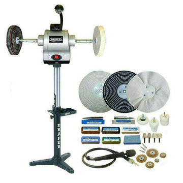 Draper Bench Grinder in silver metal with black stand, work light, buffing wheels and polishing accessories