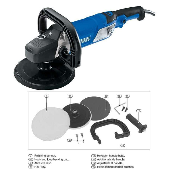 Draper Sander Polisher in blue and black with 180mm backing pad, polishing bonnet and adjustable handles