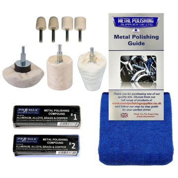 Drill Aluminium Alloy Brass Copper polishing kit with white buffing wheels, mounted felts, compounds and blue cloth