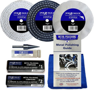 Drill Aluminium Alloy Brass Copper metal polishing kit with three buffing wheels, compounds, mandrel and guide