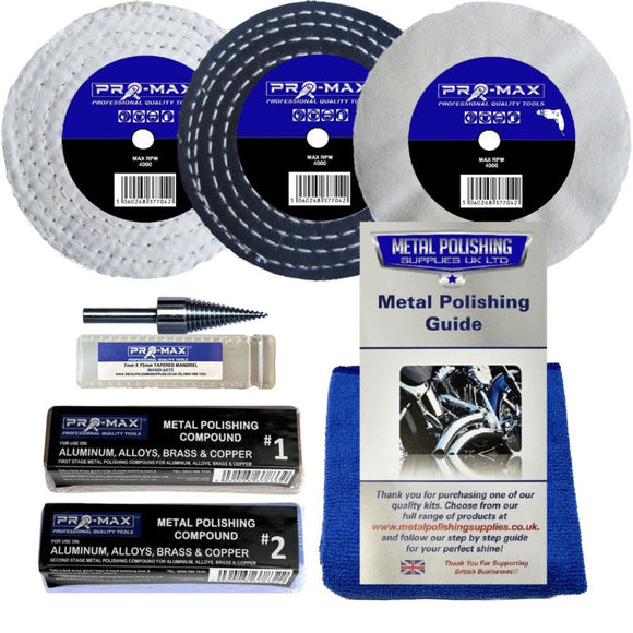 Drill Aluminium Alloy Brass Copper metal polishing kit with three buffing wheels, compounds, mandrel and guide