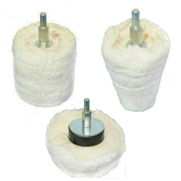 Drill Aluminium Alloy Brass Copper polishing kit with three white cotton buffing wheels and metal mandrels