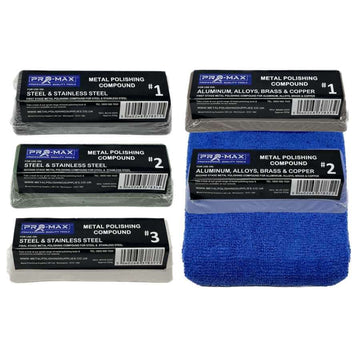 Drill Aluminium Alloy Brass Steel polishing kit with black metal compound bars and a blue microfibre cloth