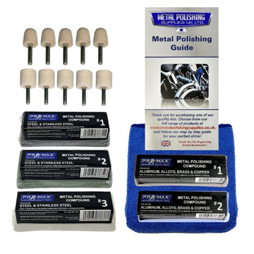 Drill Aluminium Alloy 16-piece metal polishing kit with mounted felt buffs, compounds, guide and blue cloth