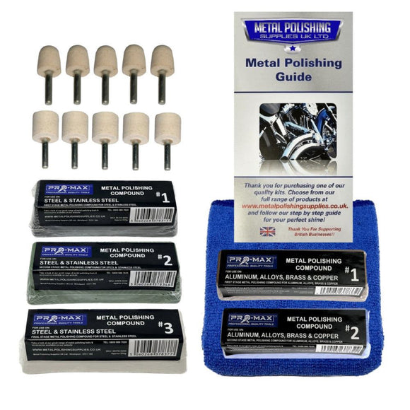 Drill Aluminium Alloy 16-piece metal polishing kit with mounted felt buffs, compounds, guide and blue cloth