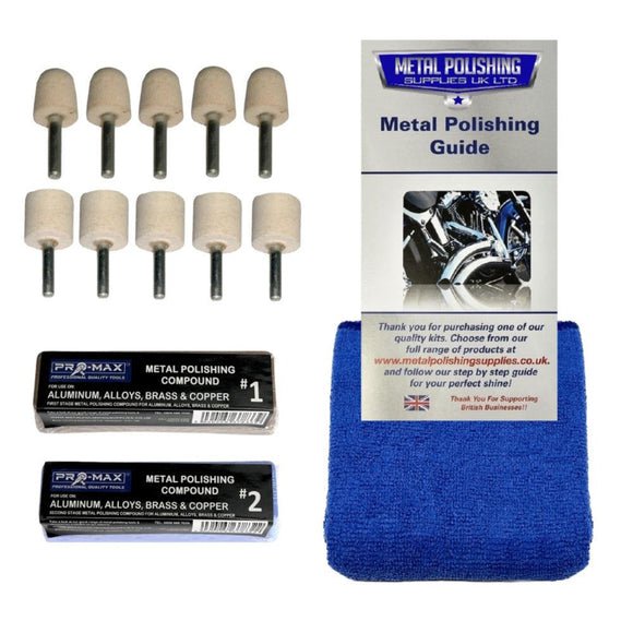 Drill Aluminium Alloy metal polishing kit with mounted felt cones, polishing compounds, guide and blue microfibre cloth