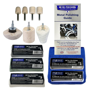 Drill Aluminium Alloy metal polishing kit with felt buffs, polishing wheels, compounds, cloth and guide 
