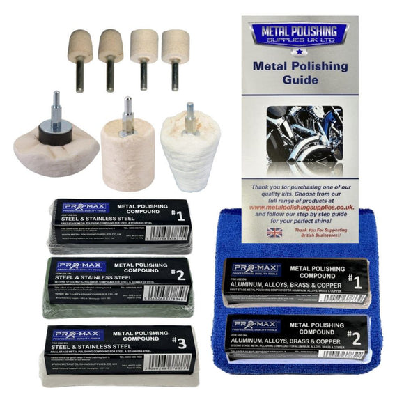 Drill Aluminium Alloy metal polishing kit with felt buffs, polishing wheels, compounds, cloth and guide 
