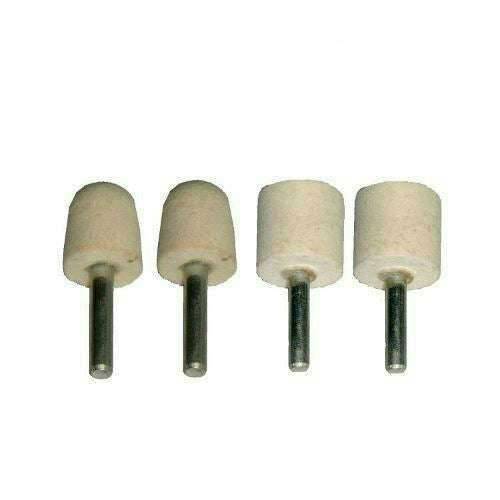Drill Aluminium Alloy mounted felt polishing wheels, four cream cylindrical and domed abrasive attachments with metal shanks