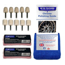 Drill Chrome Felt Metal Polishing Kit with beige mounted felt wheels, pink polishing compound bars and blue cloth
