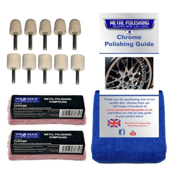 Drill Chrome Felt Metal Polishing Kit with beige mounted felt wheels, pink polishing compound bars and blue cloth

