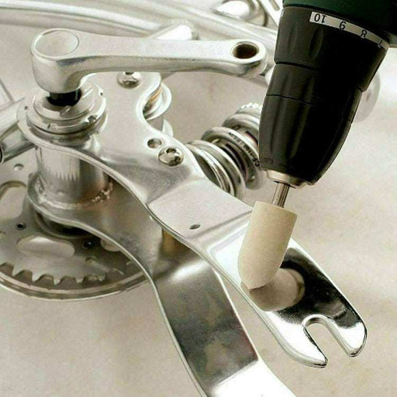 Drill Chrome Felt Metal Polishing Kit with beige felt polishing wheel mounted in a drill on chrome parts