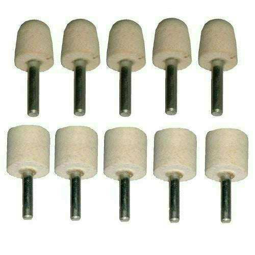 Drill Chrome Felt Metal Polishing Kit with ten beige felt polishing wheels and dark metal shafts