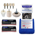 Drill Chrome Metal Polishing Kit with white buffing wheels, mounted felts, pink compound bars, guide and blue cloth
