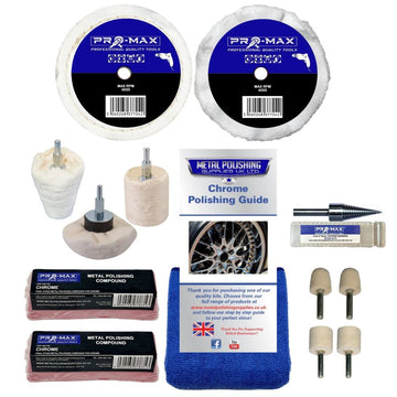 Drill Chrome Metal Polishing Kit with white buffing wheels, polishing mops, compounds, mandrel and cloth