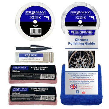Drill Chrome Metal Polishing Kit with white cotton buffing wheels, pink compound bars, mandrel and blue cloth