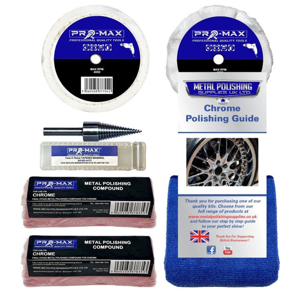 Drill Chrome Metal Polishing Kit with white cotton buffing wheels, pink compound bars, mandrel and blue cloth