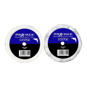 Drill Chrome Metal Polishing Kit with two white Pro-Max polishing buffing wheels and blue labels