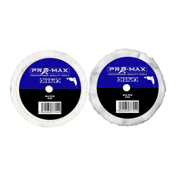 Drill Chrome Metal Polishing Kit with two white Pro-Max polishing buffing wheels and blue labels