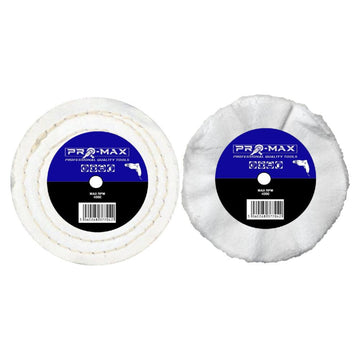 Drill Chrome Metal Polishing kit with two white Pro-Max buffing wheels, stitched and soft loose-fold designs