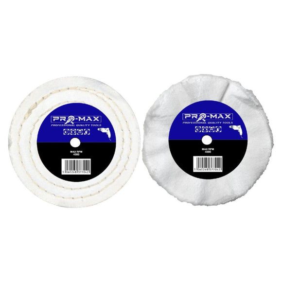 Drill Chrome Metal Polishing kit with two white Pro-Max buffing wheels, stitched and soft loose-fold designs