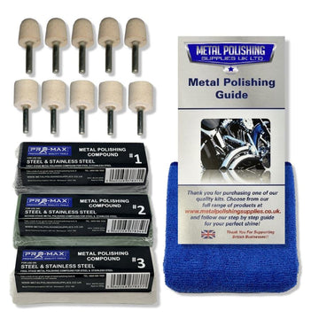 Drill Steel And Stainless Steel polishing kit with mounted felt cones, polishing compounds, guide and blue cloth
