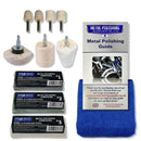 Metal polishing kit with Drill Steel And Stainless Steel compounds, white felt wheels, blue cloth and polishing guide