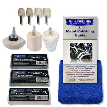Metal polishing kit with Drill Steel And Stainless Steel compounds, white felt wheels, blue cloth and polishing guide