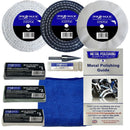 Drill Steel And Stainless Steel polishing kit with three buffing wheels, compounds, mandrel adaptor, cloth and guide
