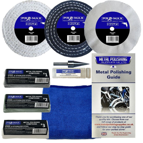 Drill Steel And Stainless Steel polishing kit with three buffing wheels, compounds, mandrel adaptor, cloth and guide