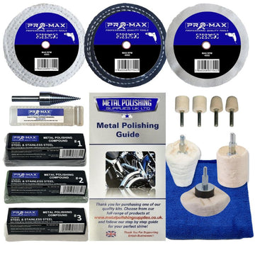 Drill Steel And Stainless Steel polishing kit with fabric buffing wheels, felt tips, compounds and drill adaptor