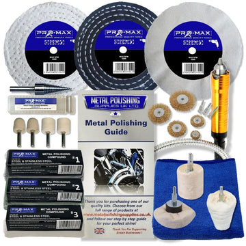 Drill Steel And Stainless Steel polishing kit with white and black buffing wheels, compounds, mandrels and guide