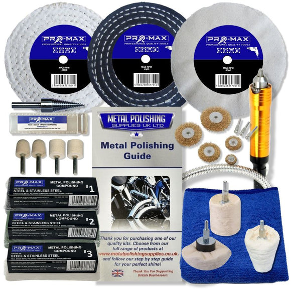 Drill Steel And Stainless Steel polishing kit with white and black buffing wheels, compounds, mandrels and guide