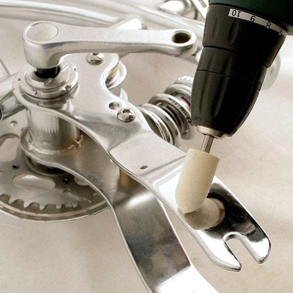 Drill Steel And Stainless Steel polishing kit with a white cylindrical buffing wheel polishing shiny metal parts