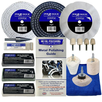 Drill Steel And Stainless Steel polishing kit with white and black buffing wheels, compounds, felts and drill adaptor