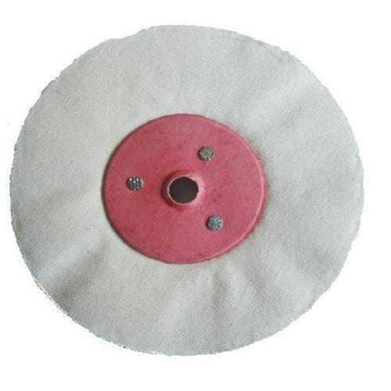 G Loose Fold cotton buffing wheel with soft white folded fabric and red metal centre plate