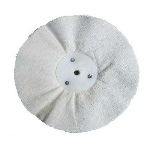 G Loose Fold white cotton polishing buffing wheel with pleated loose-folded edges and central mounting hole