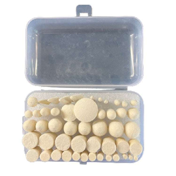 Hobby Tool 50-piece mounted felt bob kit with assorted cream polishing heads in a clear storage case