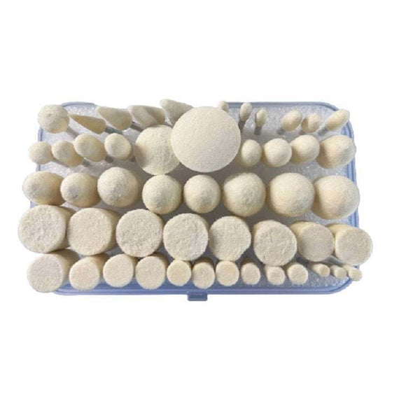 Hobby Tool 50-piece mounted felt bob kit with assorted cream polishing heads in a clear storage case