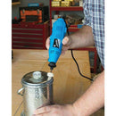 Hobby Tool blue rotary grinder with a white felt polishing bob buffing a silver metal container