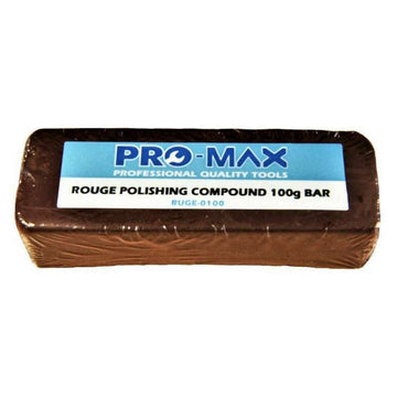 Jewellers Rouge brown metal polishing compound bar in clear wrapping with Pro-Max label and 100g marking