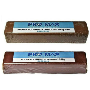 Jewellery polishing compound kit with brown and Jewellers Rouge bars, each wrapped and labelled Pro-Max 500g