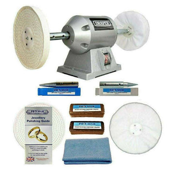 Jewellery Polishing Machine with silver bench grinder, buffing wheels, polishing compounds, guide and microfibre cloth
