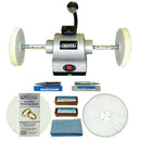 Jewellery Polishing Machine with silver bench grinder, white buffing wheels, polishing compounds, cloth and guide