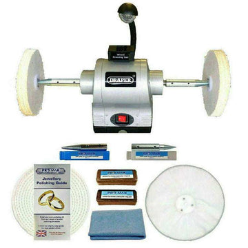 Jewellery Polishing Machine with silver bench grinder, white buffing wheels, polishing compounds, cloth and guide