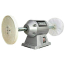 Jewellery Polishing Machine with silver metal bench grinder body and two white buffing wheels