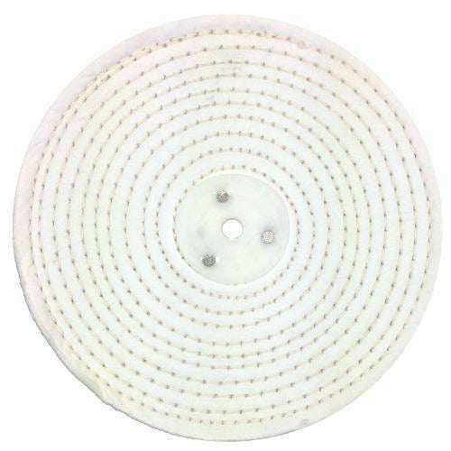 Jewellery Polishing white cotton stitched buffing wheel with concentric rows and central mounting holes
