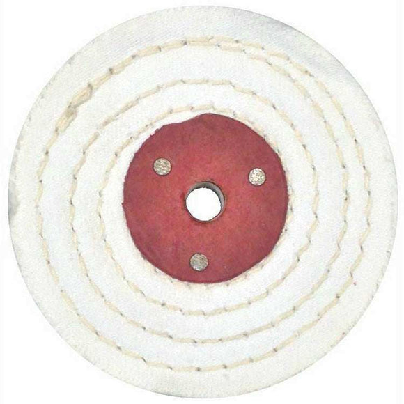Jewellery Polishing white cotton stitched buffing wheel with red reinforced centre and circular bore